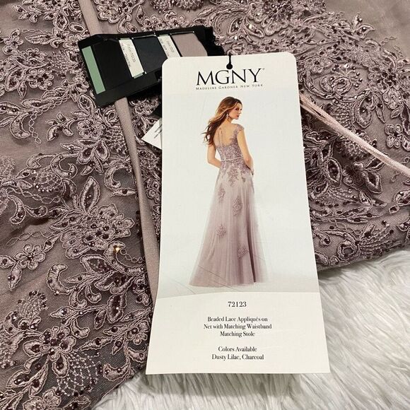 NEW MGNY by Mori Lee Beaded Lace Illusion Neck A-Line Maxi Dress Gown in Dusty L - Picture 7 of 12